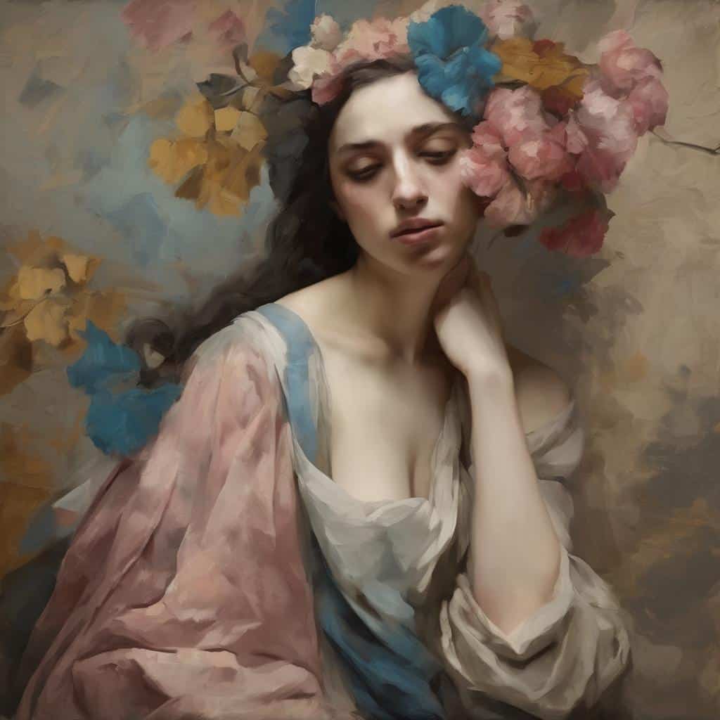 Λεζάντα: Έργο τέχνης με γυναίκα και λουλούδια, δημιουργία που αναδεικνύει την τέχνη και την ομορφιά.
