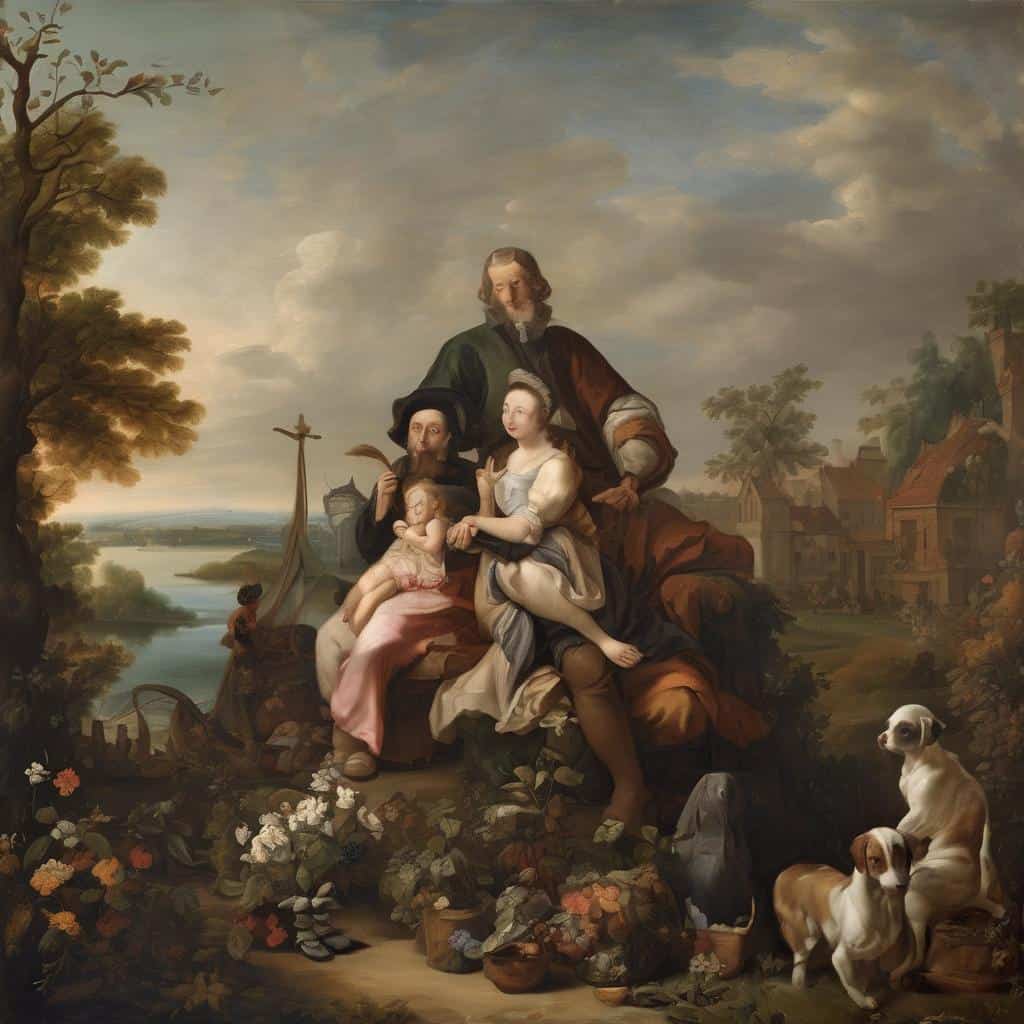 Ολική εικόνα του πίνακα με τοτληρές δημιουργίες που άλλαξαν την τέχνη, με οικογένεια σε φυσικό τοπίο και σκυλια.