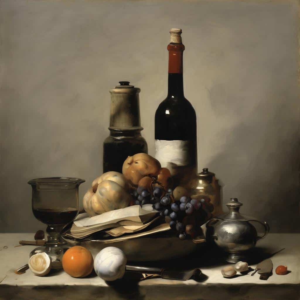 Αλτ κείμενο: πίνακας stilleben με φρούτα και παλιά αντικείμενα, ρεαλιστικός πίνακας ζωγραφικής.