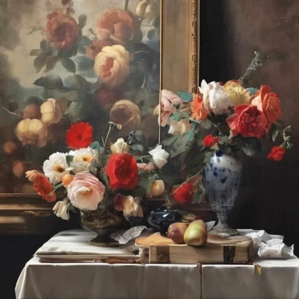 Λουλούδια σε βάζο, τυρκουάζ και πορτοκαλί αποχρώσεις, σε αφίσα με πρωτοποριακή τέχνη και τολμηρές δημιουργίες art.